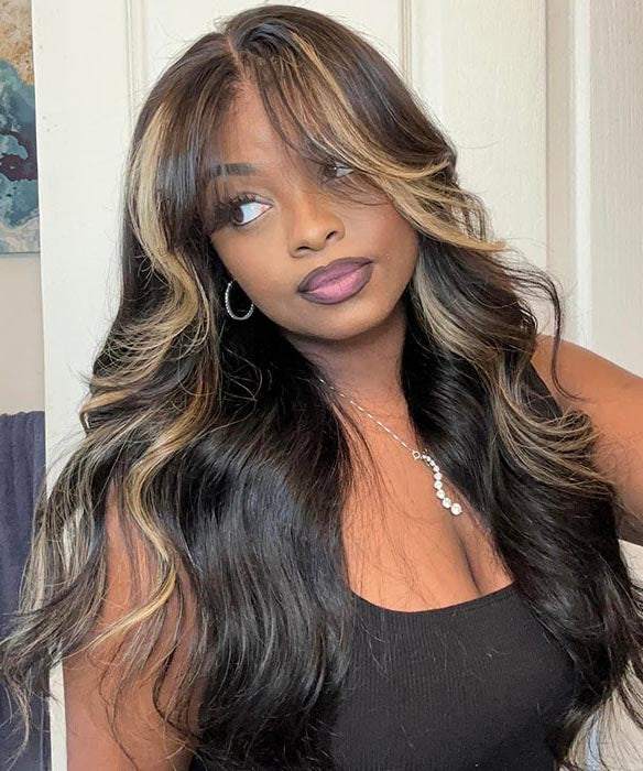 Curtain Bangs 1B/27 Highlight Colored Body Wave Human Hair 13x4 HD Lace Wigs