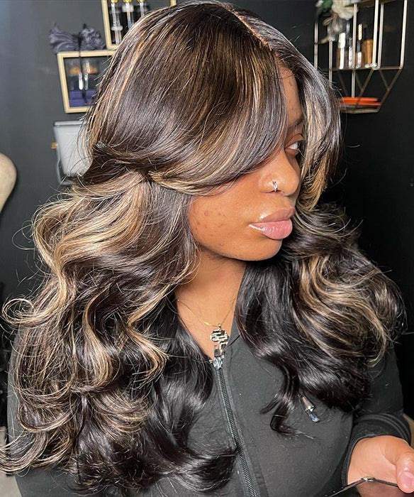 Curtain Bangs 1B/27 Highlight Colored Body Wave Human Hair 13x4 HD Lace Wigs