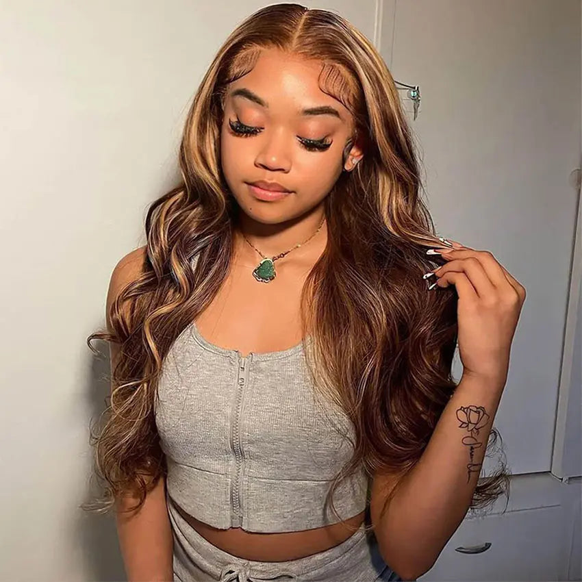 MINICE Highlight Brown and blonde hair 13x6 Body Wave HD Lace Frontal