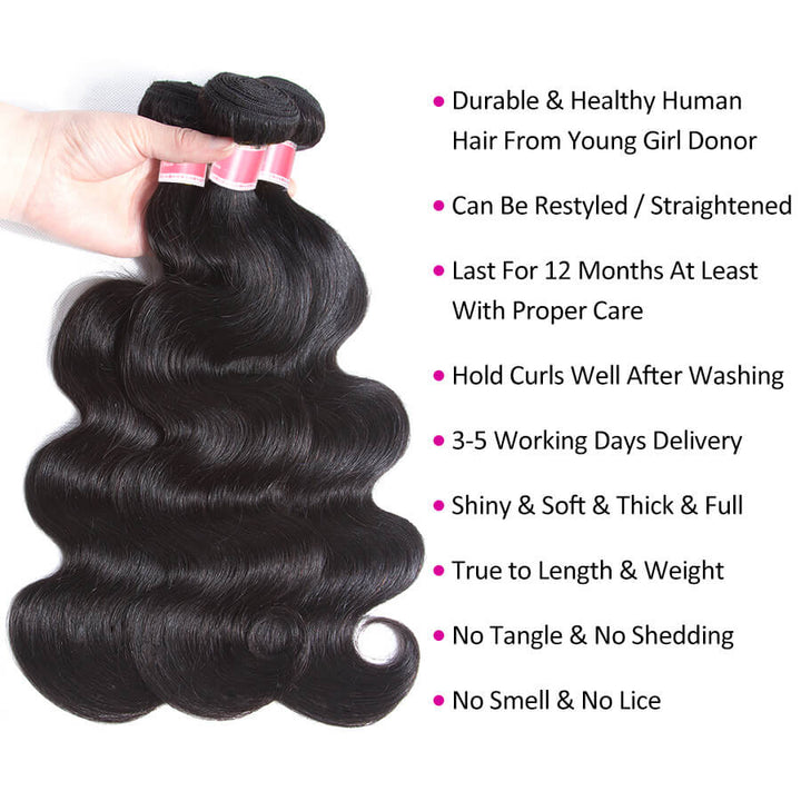 3 Bundles Natural Black Body Wave Human Hair Wigs-Minice