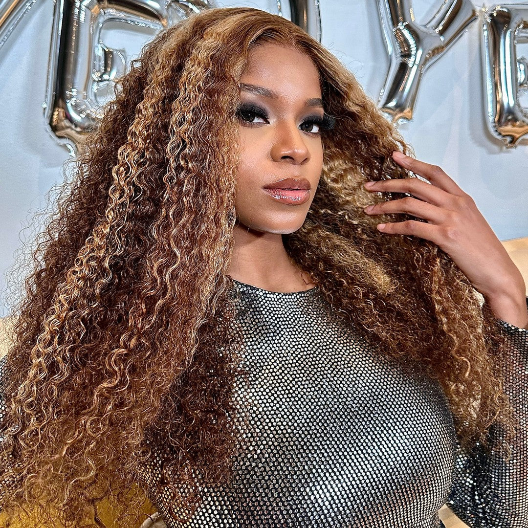 MINICE Brown and Blonde Highlight Deep Wave Wig 13x4 HD Lace Front Wigs Human Hair