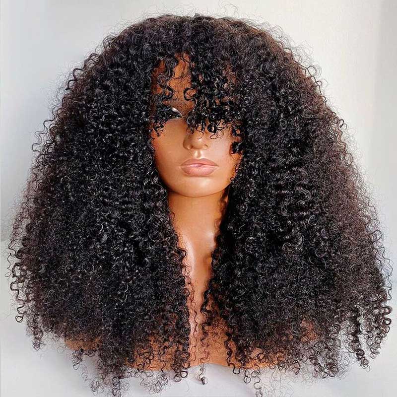 Kinky Curly Wig With Bangs Brazilian Remy Human Hair Glueless wig Super Sale