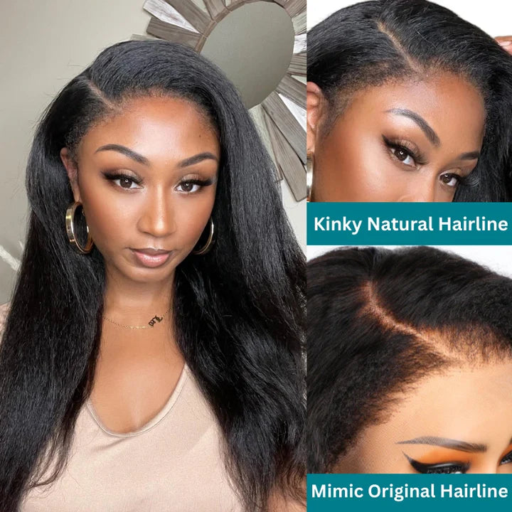 Minice Glueless Newborn Hairline Kinky Straight Invisi Strap Flexible Fit 360 Lace Front Glueless Wig With Bleached Knots