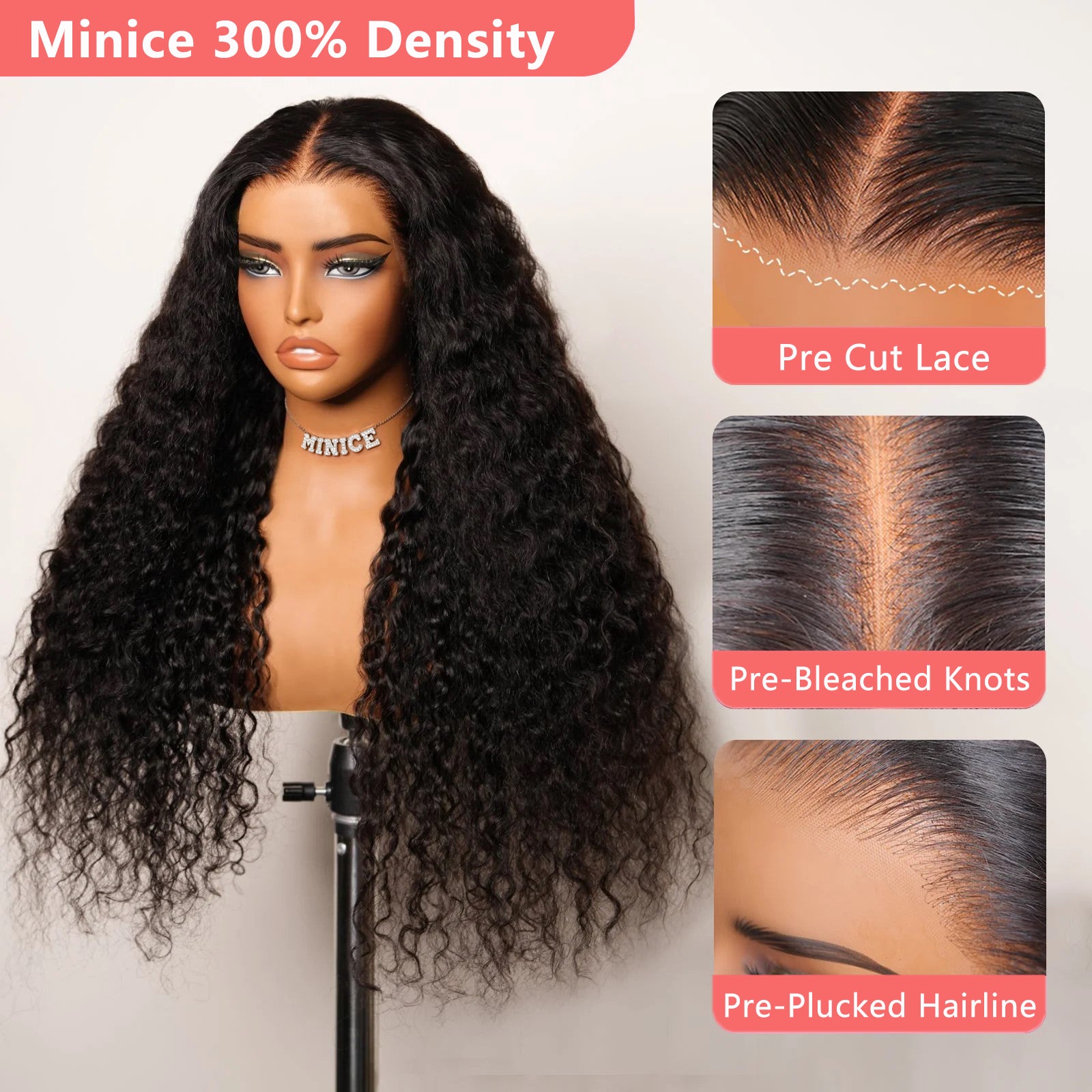 Minice 13x4 Lace Front Raw Indian Glueless Wig Natural Wave 300% Density Human Hair Wigs Pre Plucked