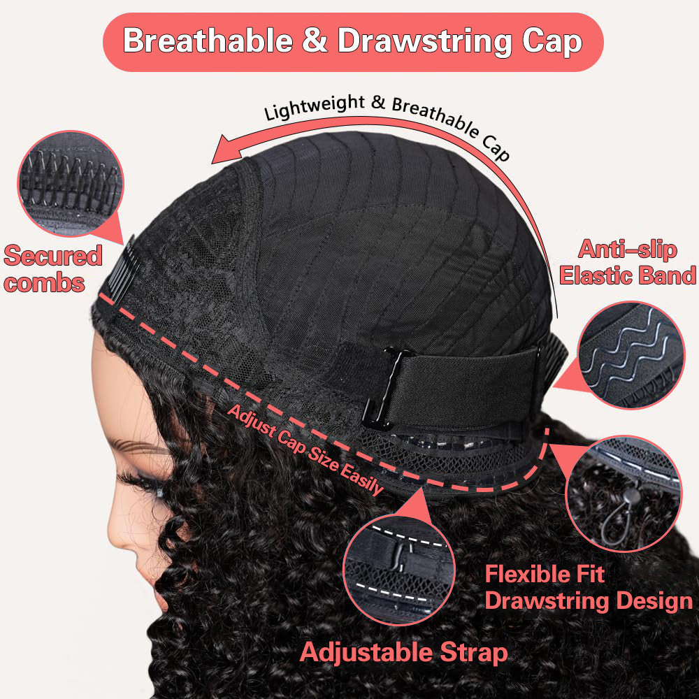Blonde Highlight Kinky Curly Glueless Drawstring Half Wig Human Hair 3 In 1 Half Wig Invisible Hairline Protective Style