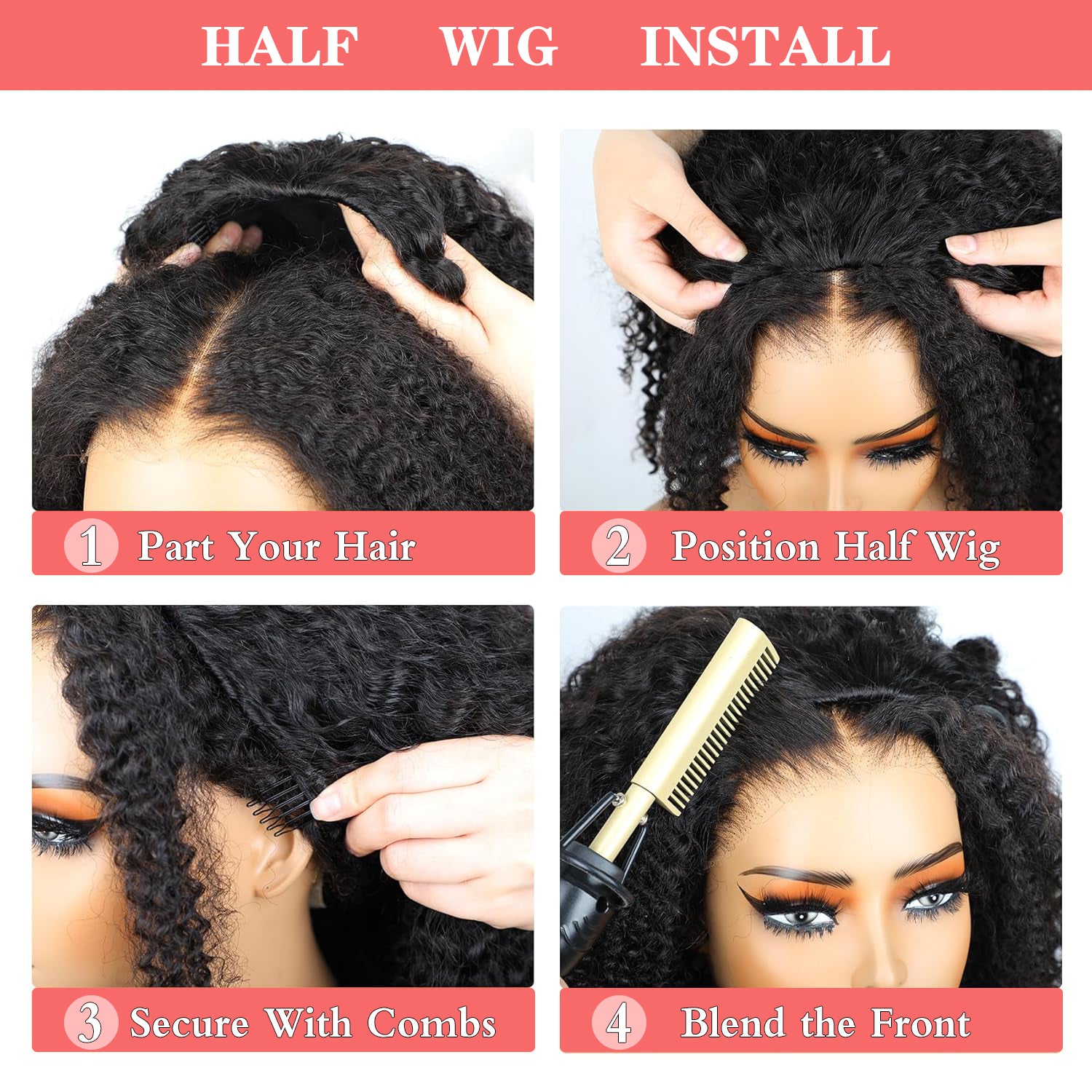 Blonde Highlight Kinky Curly Glueless Drawstring Half Wig Human Hair 3 In 1 Half Wig Invisible Hairline Protective Style