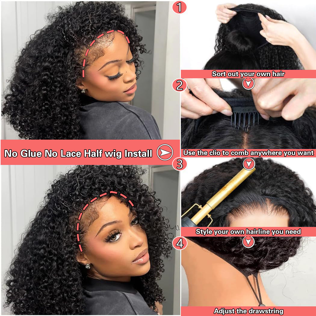 3 In 1 Half Wig Afro Kinky Curl Wear & Go Drawsting Wig No Glue Need Flip Over Half Wig Seamless Clip In