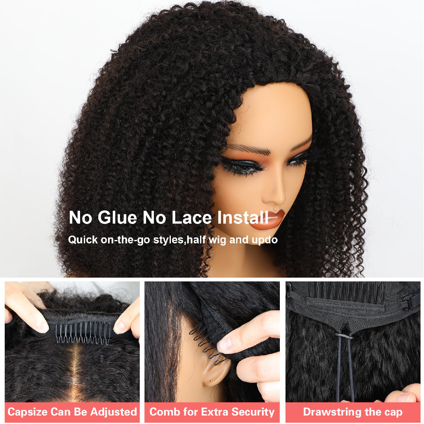 3 In 1 Half Wig Afro Kinky Curl Wear & Go Drawsting Wig No Glue Need Flip Over Half Wig Seamless Clip In