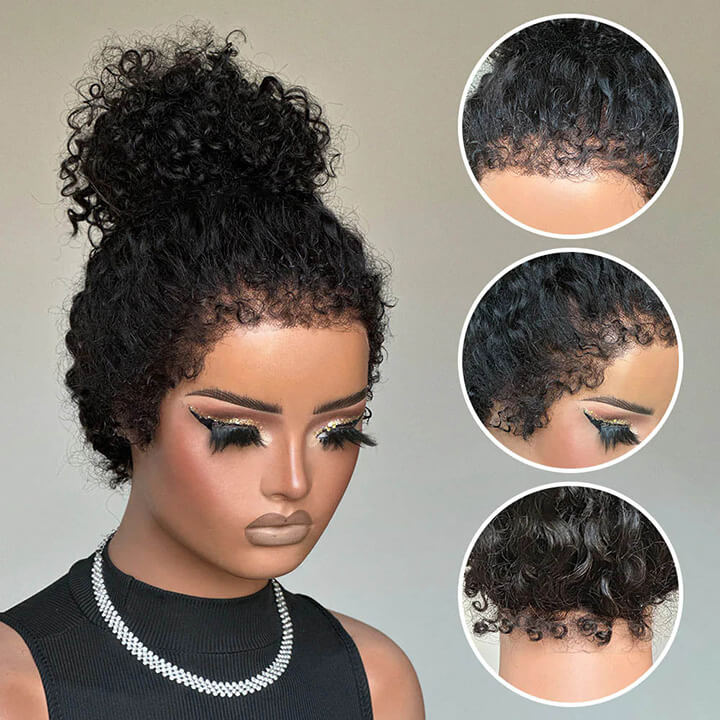 4C Hairline Pre Plucked 360 Invisi-String Snug Fit Kinky Curly Human Hair Natural Density with Curly Edges