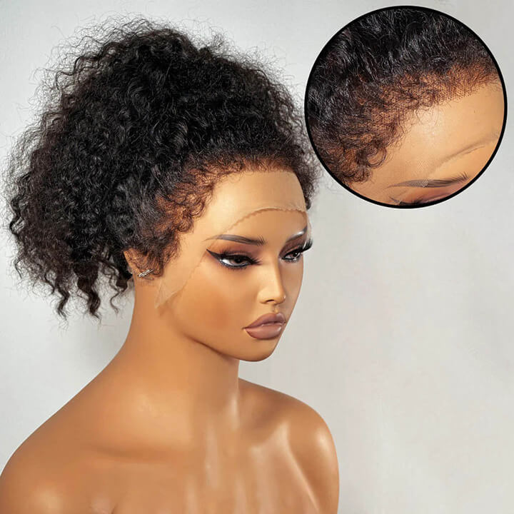 4C Hairline Pre Plucked 360 Invisi-String Snug Fit Kinky Curly Human Hair Natural Density with Curly Edges