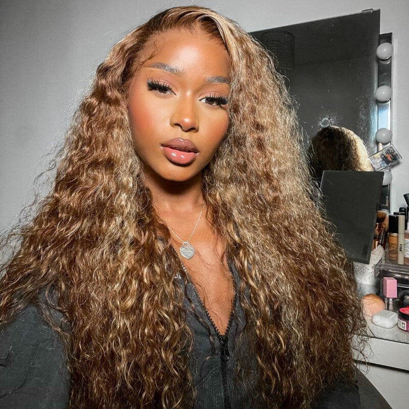 MINICE Brown and Blonde Highlight Deep Wave Wig 13x4 HD Lace Front Wigs Human Hair