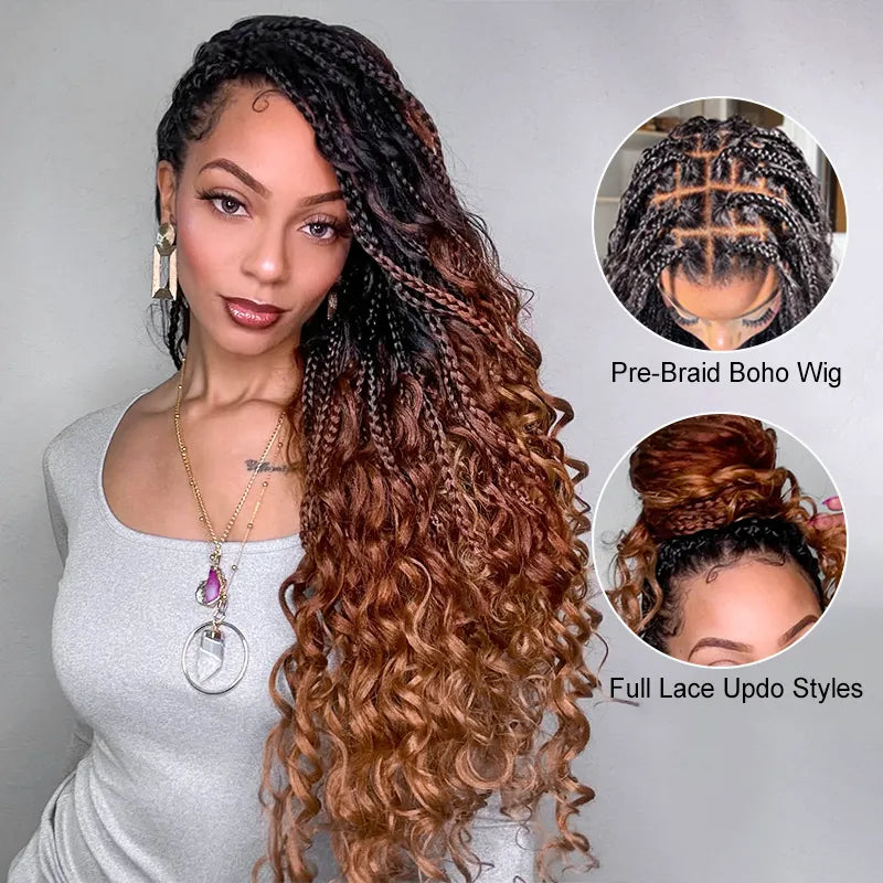 Ombre Color Full Lace Boho Curls Braided Long Wig Pre-braid Lightweight Tiny Knots Scalp