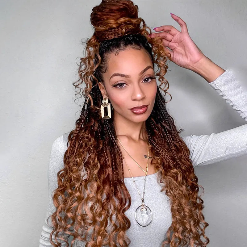Ombre Color Full Lace Boho Curls Braided Long Wig Pre-braid Lightweight Tiny Knots Scalp