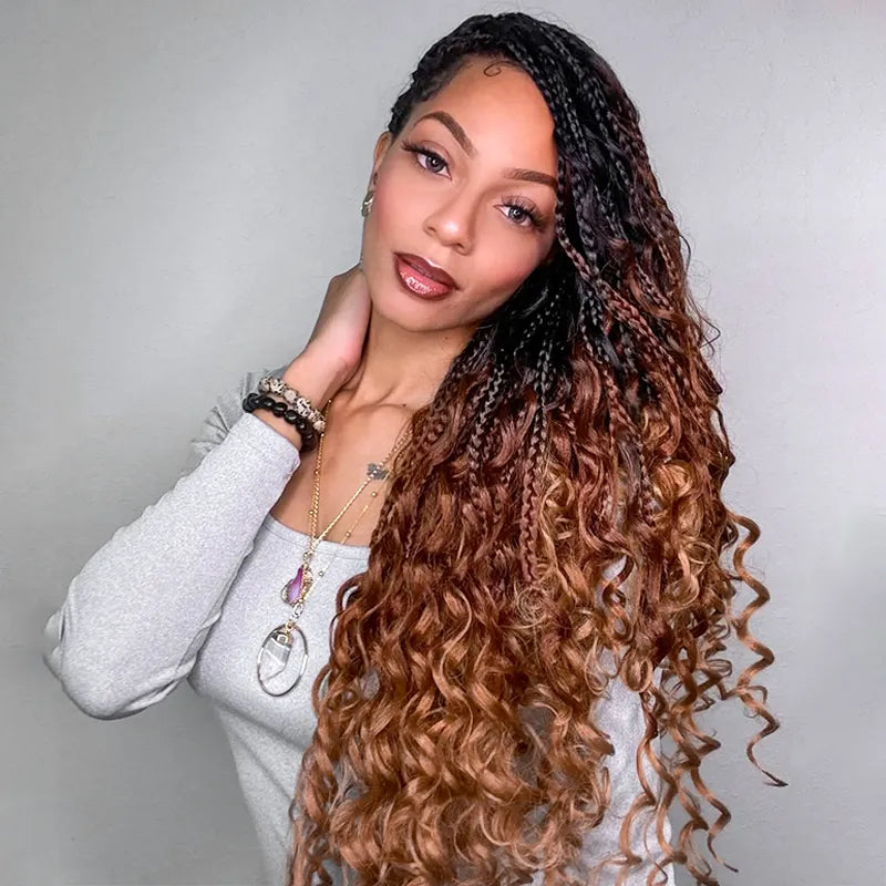 Ombre Color Full Lace Boho Curls Braided Long Wig Pre-braid Lightweight Tiny Knots Scalp