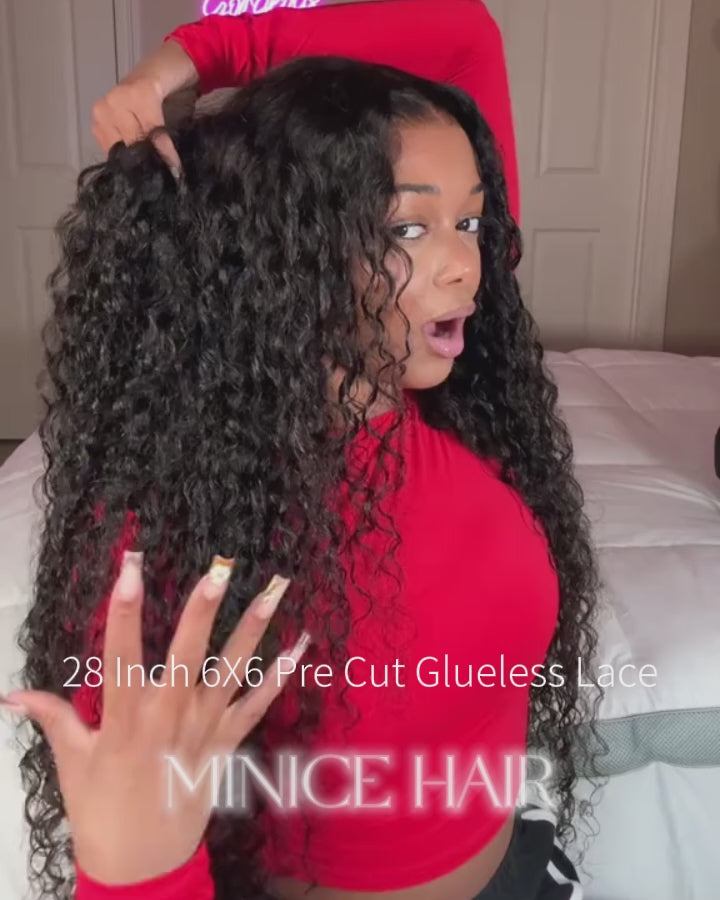 MINICE Ready To Go 6x6 Pre-Cut Lace Glueless Wigs Invisible Knot Pre-Bleached Water Wave Wigs