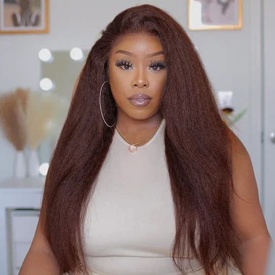 Minice Reddish Brown Kinky Straight 6x6 Invisible Knot Glueless HD Lace Virgin Human Hair Wig