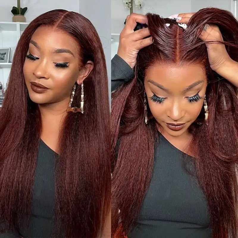 Minice Reddish Brown Kinky Straight 6x6 Invisible Knot Glueless HD Lace Virgin Human Hair Wig