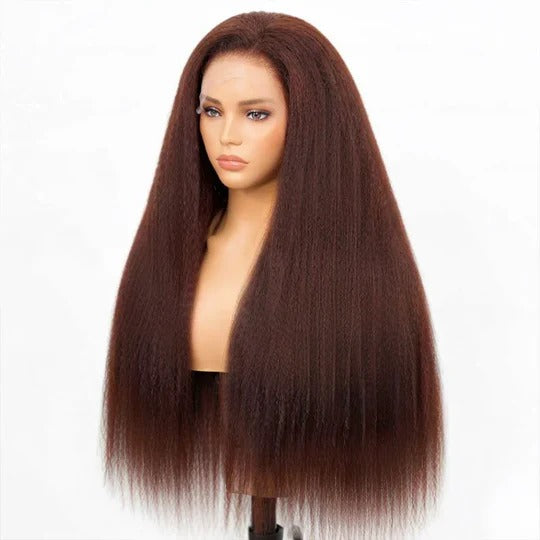 Minice Reddish Brown Kinky Straight 6x6 Invisible Knot Glueless HD Lace Virgin Human Hair Wig