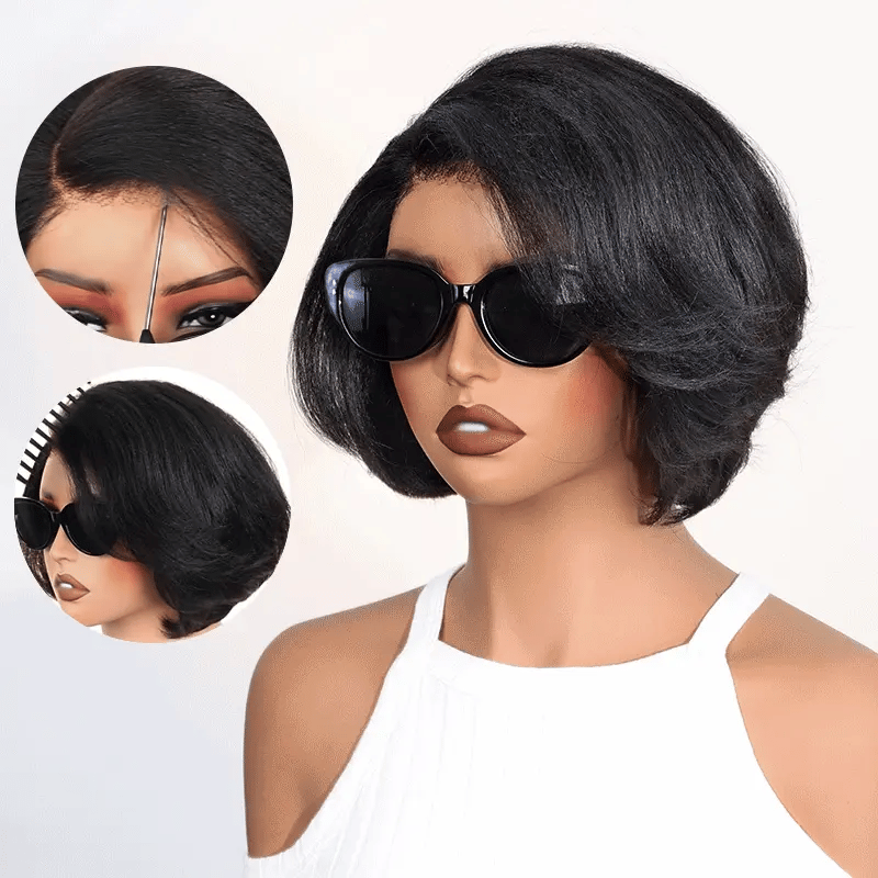 Yaki Straight Layered Cut Wig 6x4.5 Pre Cut Glueless Lace Closure Short Pixie Cut Wigs Silk Press Human Hair Super Sale