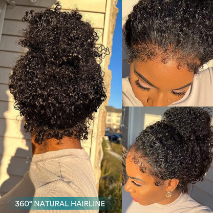 4C Hairline Pre Plucked 360 Invisi-String Snug Fit Kinky Curly Human Hair Natural Density with Curly Edges