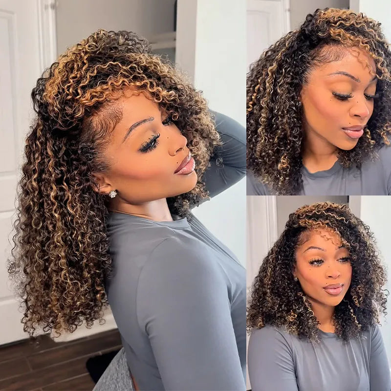 Blonde Highlight Kinky Curly Glueless Drawstring Half Wig Human Hair 3 In 1 Half Wig Invisible Hairline Protective Style