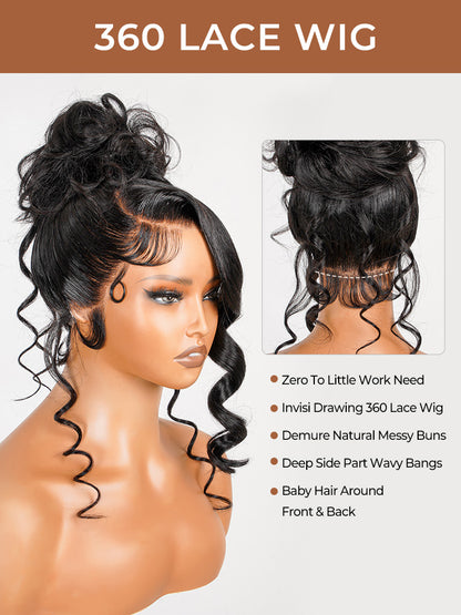 Glueless Invisi Drawing 360 Lace Wig Miss Buns With Side Part Bangs Pre-Styled Wig Human Hair