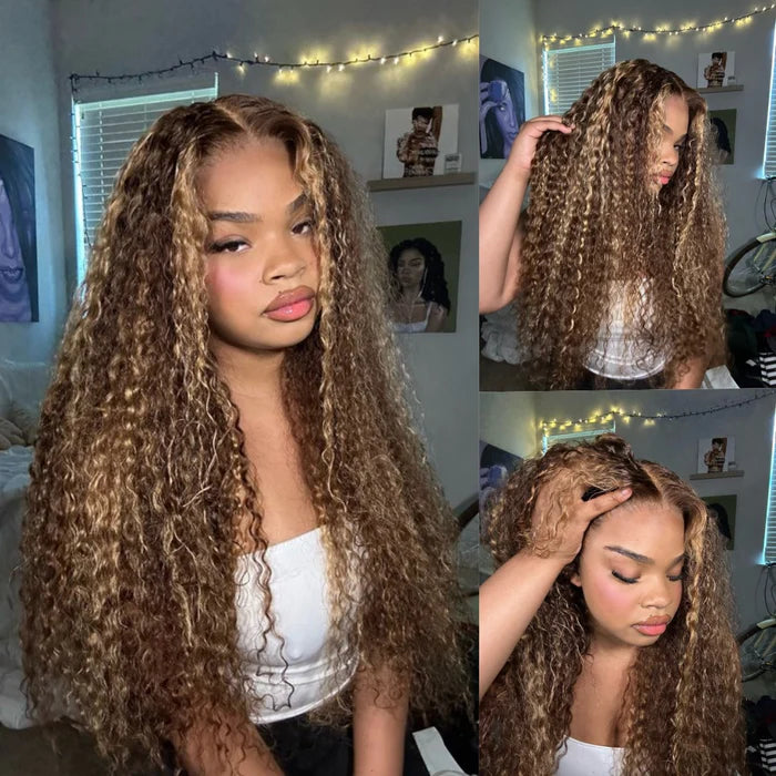 Code: M100F | Minice Honey Blonde Highlight 13X4 Lace Front Wigs Water Wave Pre Plucked Human Hair Wigs Super Sale