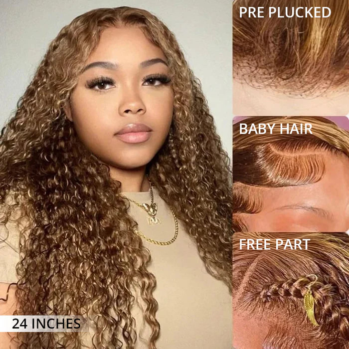 Code: M100F | Minice Honey Blonde Highlight 13X4 Lace Front Wigs Water Wave Pre Plucked Human Hair Wigs Super Sale