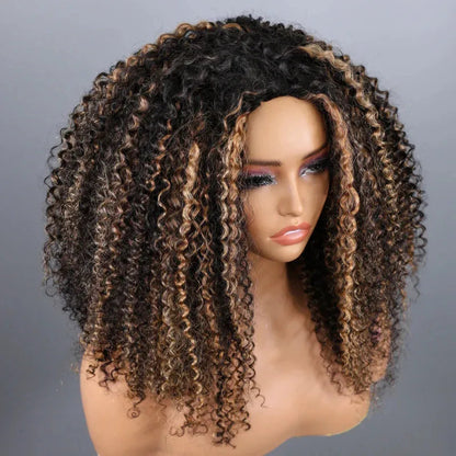 Blonde Highlight Kinky Curly Glueless Drawstring Half Wig Human Hair 3 In 1 Half Wig Invisible Hairline Protective Style