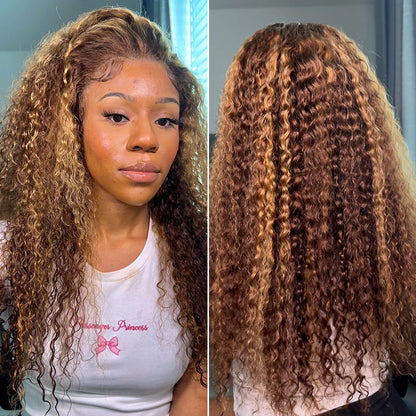 MINICE Brown and Blonde Highlight Deep Wave  Wig 13x4 HD Lace Front Wigs Human Hair