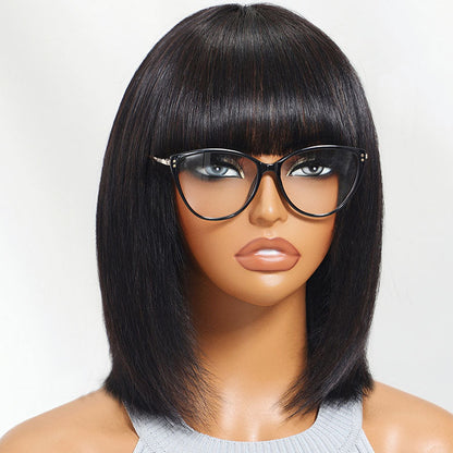 Bone Straight Bob Wig With Blunt Cut Bangs Glueless Human Hair Wig Super Sale
