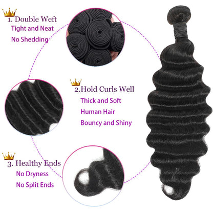Loose Deep Wave Human Hair 3 Bundles Natural Black Color 100% Unprocessed Brazilian Virgin Hair