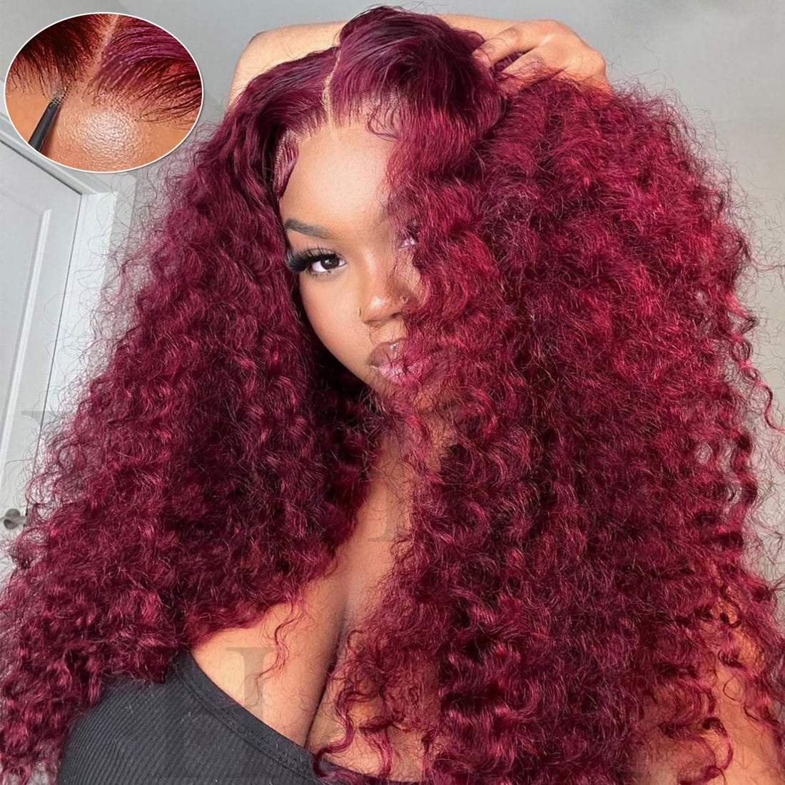 Minice 99J Burgundy Deep Wave 6×6 Pre-cut Lace Glueless Wig Human Hair Wigs