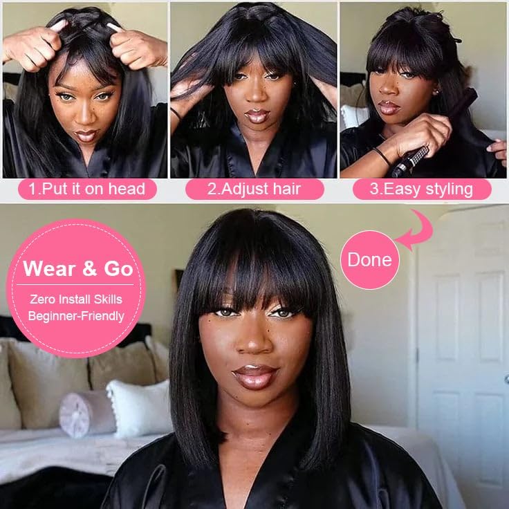 Bone Straight Bob Wig With Blunt Cut Bangs Glueless Human Hair Wig Super Sale