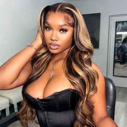 Brown Highlight Skin 13x4 Body Wave Lace Front Wig Virgin Hair