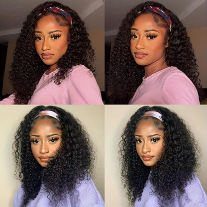 Minice Curly Headband Wig Human Hair None Lace Front Wig Machine Made Wigs Glueless Water Wave Headband Wigs