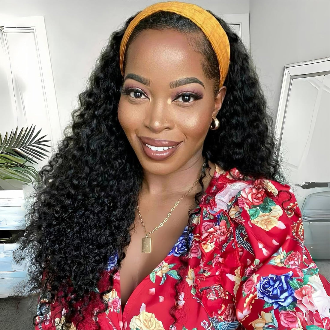 Minice Curly Headband Wig Human Hair None Lace Front Wig Machine Made Wigs Glueless Water Wave Headband Wigs
