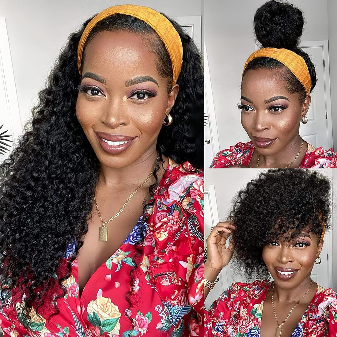 Minice Curly Headband Wig Human Hair None Lace Front Wig Machine Made Wigs Glueless Water Wave Headband Wigs