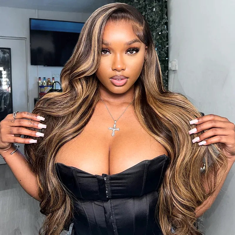 Brown Highlight Skin 13x4 Body Wave Lace Front Wig Virgin Hair