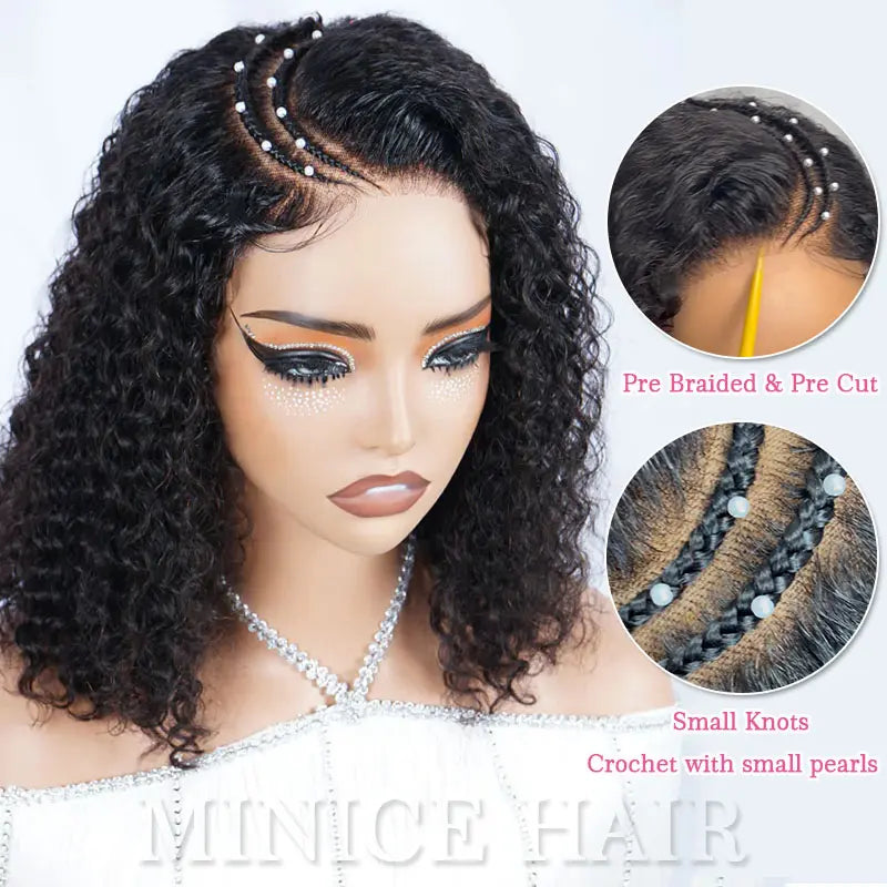 Water Wave Pre-Braiding Curved Moon Human Hair Wig 5x5/13X4 Pre Cut HD Transparent Lace Wigs