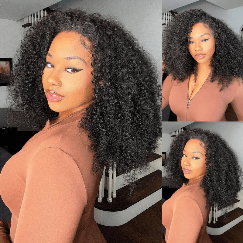 3 In 1 Half Wig Afro Kinky Curl Wear &amp; Go Drawsting Wig No Glue Need Flip Over Half Wig Seamless Clip In