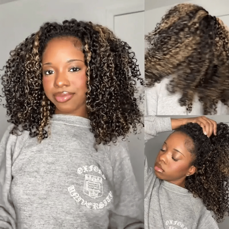 Blonde Highlight Kinky Curly Glueless Drawstring Half Wig Human Hair 3 In 1 Half Wig Invisible Hairline Protective Style