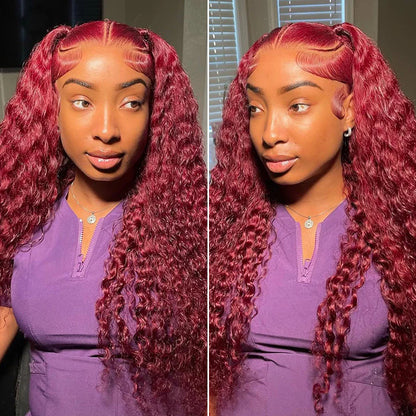 Minice 99J Burgundy Deep Wave 6×6 Pre-cut Lace Glueless Wig Human Hair Wigs