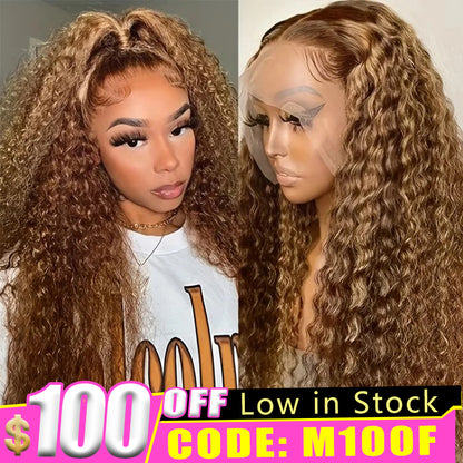 Code: M100F | Minice Honey Blonde Highlight 13X4 Lace Front Wigs Water Wave Pre Plucked Human Hair Wigs Super Sale