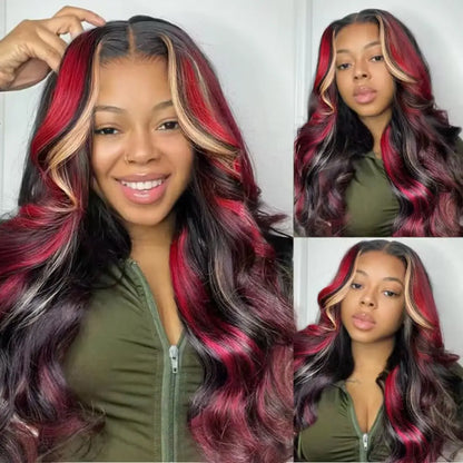 Red Blonde Highlights 13x4 Lace Front Wigs Human Hair Pre Plucked