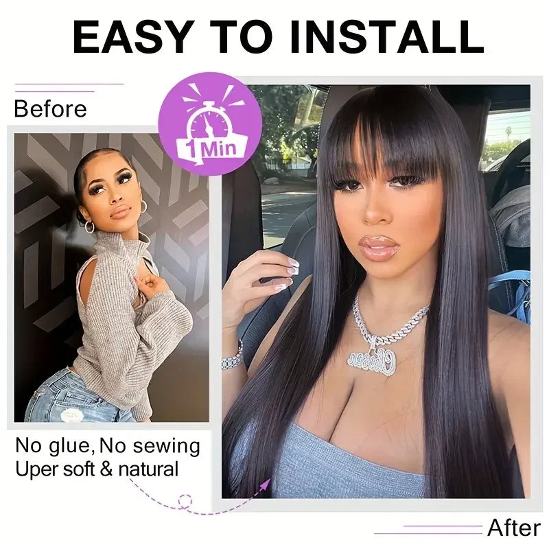 $89 for 20&quot; Straight Glueless Human Hair Wigs With Bangs Brazilian Hair Wigs 3x1 HD Lace Wigs Super Sale