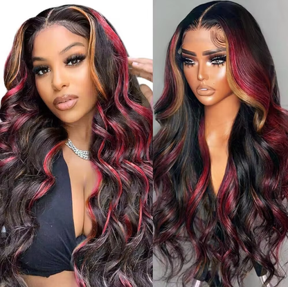 Red Blonde Highlights 13x4 Lace Front Wigs Human Hair Pre Plucked