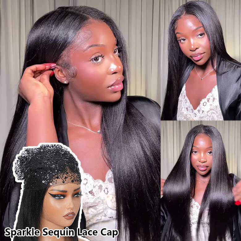 Minice Yaki Straight Put On and Go Glueless Lace Wigs 7x5 HD Lace Wig With Sexy Sparkle Sequin Lace-able Hijab Cap