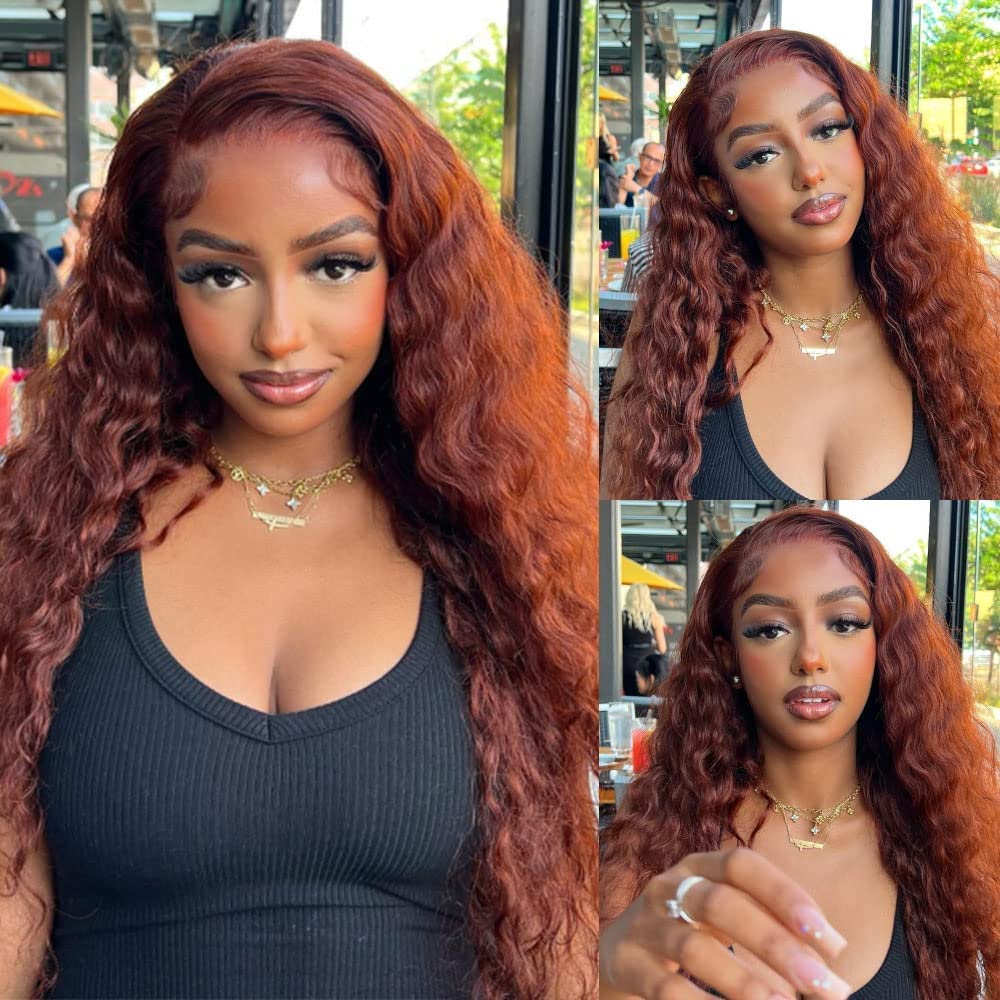 Reddish Brown Water Wave 13x4 Wigs Remy Human Hair Pre-Plucked 180% Density With Baby Hair 50% OFF