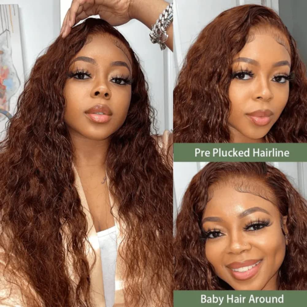 Reddish Brown Water Wave 13x4 Wigs Remy Human Hair Pre-Plucked 180% Density With Baby Hair 50% OFF